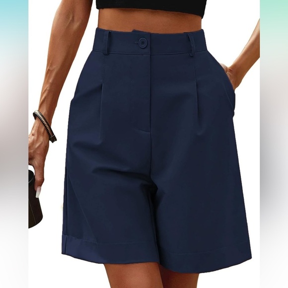 NWT Neecan Navy Blue Hight Waist Elastic Wide Leg Bermuda Shorts Casual XL - Picture 1 of 8